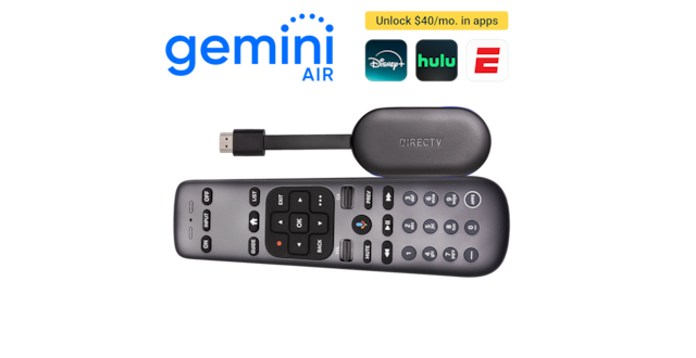 Gemini Air logo with banner reading “Includes $40/mo. in apps” above Disney+, Hulu, and ESPN icons, alongside a DIRECTV Gemini Air streaming device and remote control. 