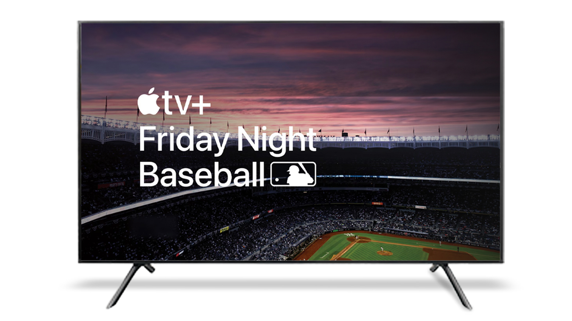 Apple TV+ Friday Night Baseball logo against aerial photo of baseball field