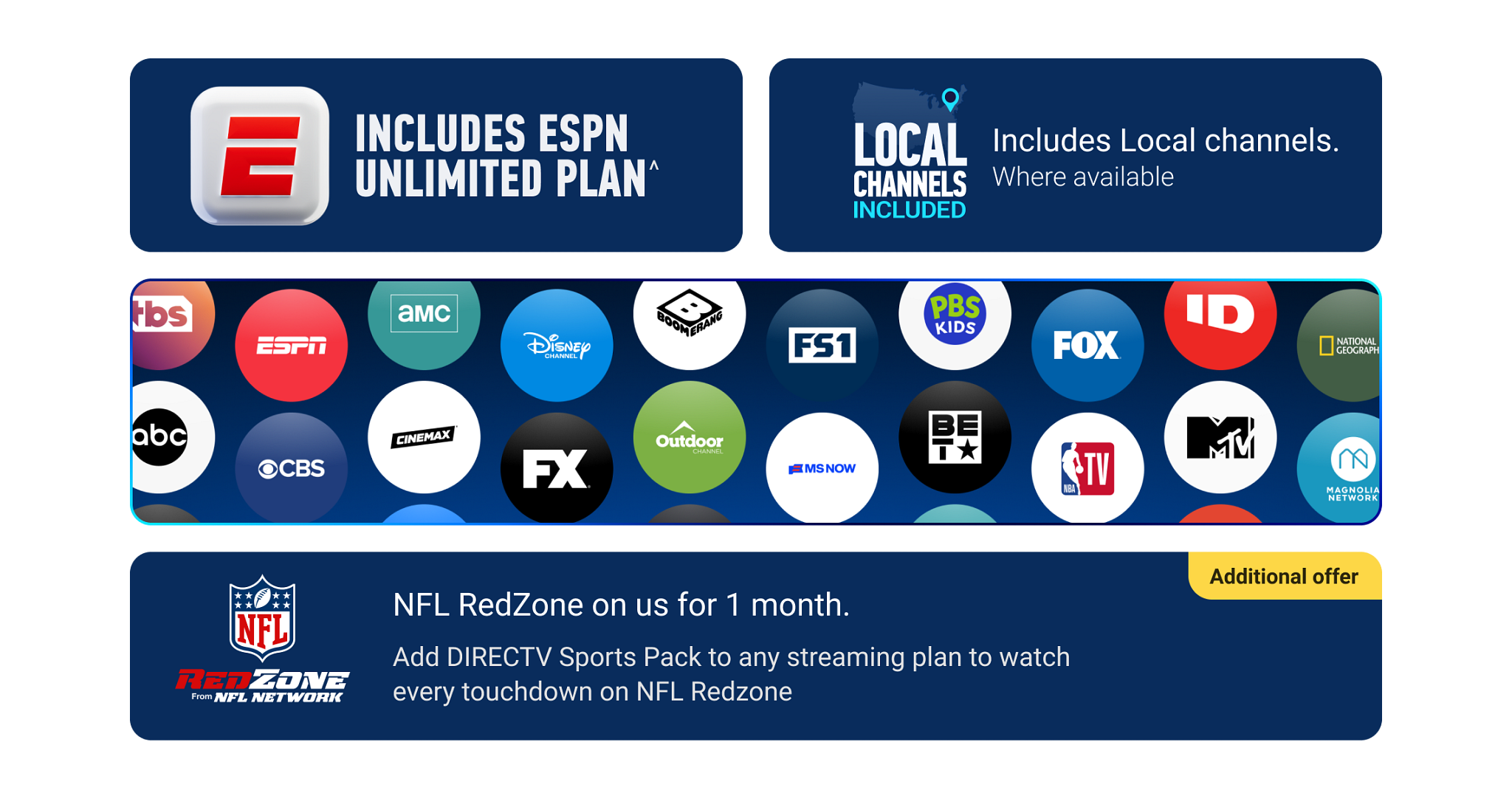 Grid of entertainment channel logos including TBS, ESPN, AMC, Disney, FS1, PBS Kids, and FOX and the ESPN Unlimited Plan badge.