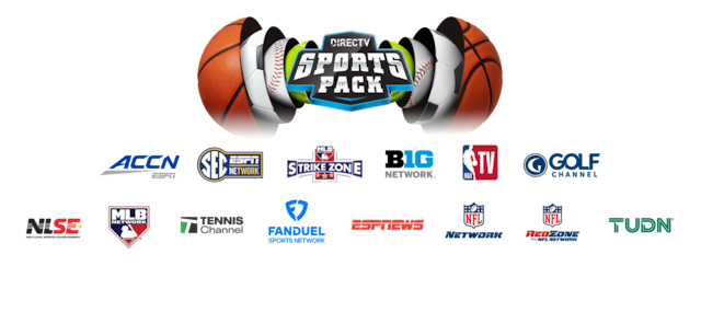 The DIRECTV Sports Pack logo is shown in front of a variety of cut in half sports balls including a basketball, tennis ball, baseball and soccer ball, accompanied by logos of available specialty sports network channels like NFL Network, NFL Redzone, ACCN, Golf Channel, MLB Network, ESPN News, TUDN, FanDuel Network, NBA TV, MLB Strikezone, SEC Network, Tennis Channel, NLSE, and BIG Network.
