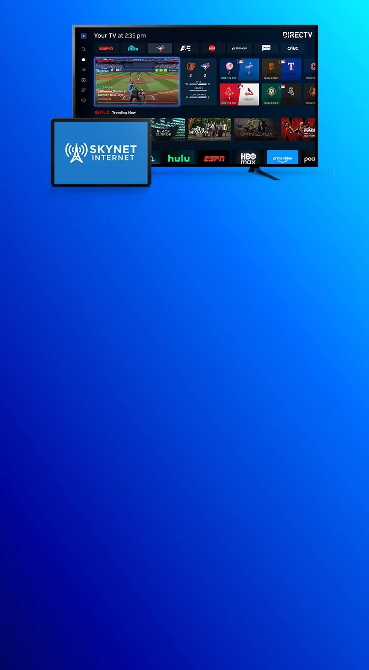TV screen of DIRECTV watching experience with menu items for sports teams, and channels like ESPN, Food Network, Netflix, HBO Max, and Hulu, and a tablet device with the Skynet logo.