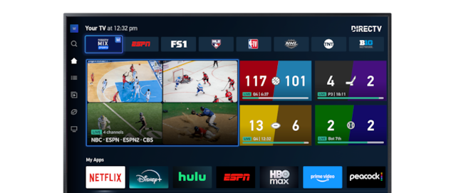 A TV screen showing four live sporting events at once in a quad layout, with Netflix, Disney+, Hulu, ESPN, HBO Max, Paramount+ and Peacock app tiles beneath.