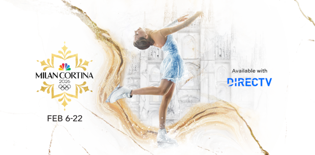 an olympic figure skater is performing in front of a marbled white and gold backdrop next to logo of the 2026 milan cortina olympic winter games, available with directv