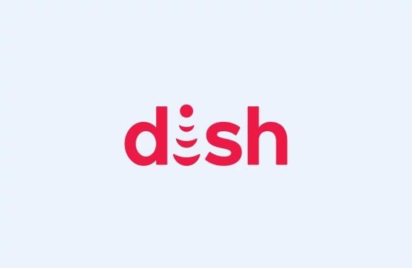 Dish logo in red lowercase on a pale blue background.