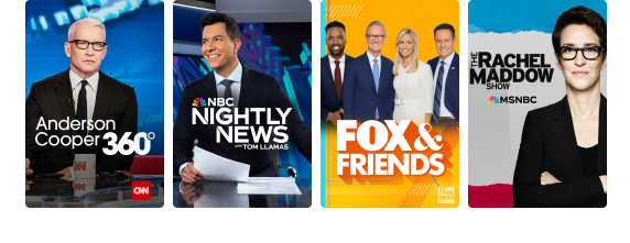 Programming tiles for Anderson Cooper 360, NBC Nightly News, The Source with Kaitlan Collins, and The Rachel Maddow Show.