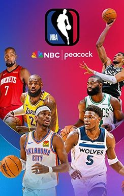 NBA poster with players in action poses on a purple Peacock/NBC background.