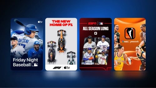 A variety of current sports programming from apps like Apple TV and Peacock.