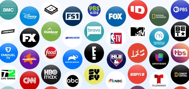 A variety of available live tv channels available with DIRECTV are presented in a collage of logos.