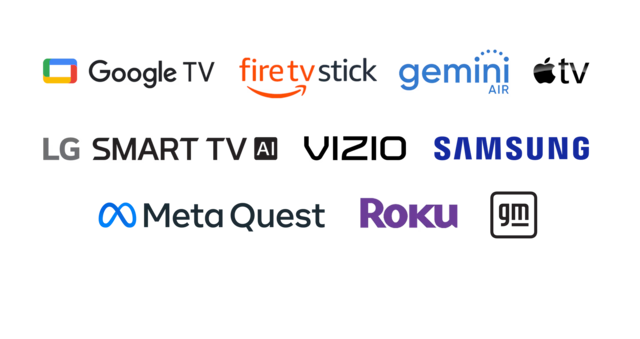 Logos of supported devices and platforms: Chromecast, Fire TV Stick, Gemini Air, Peloton, Roku, and Vizio.