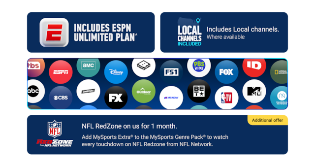 Grid of entertainment channel logos including TBS, ESPN, AMC, Disney, FS1, PBS Kids, and FOX and the ESPN Unlimited Plan badge.