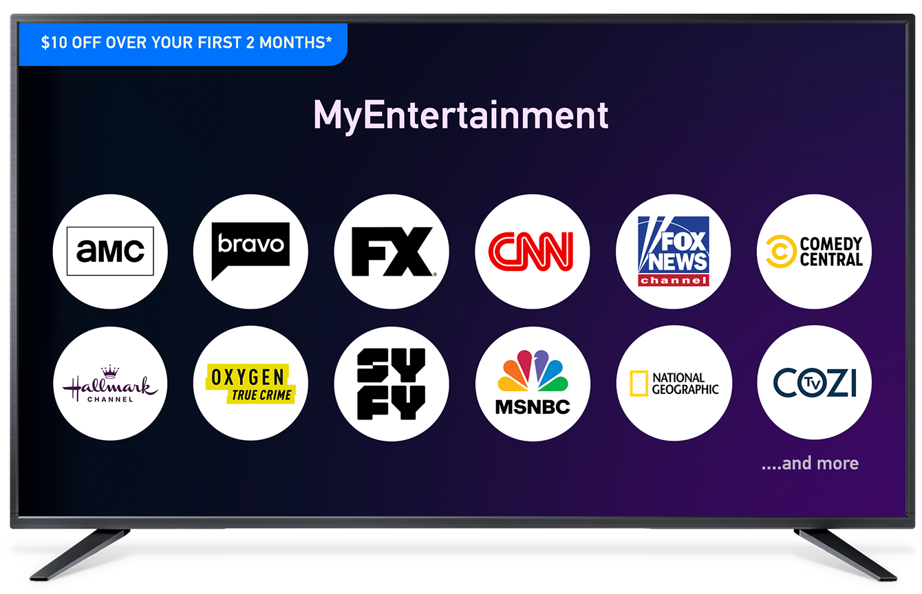 MyEntertainment package showing popular TV network logos and a $10 off offer.