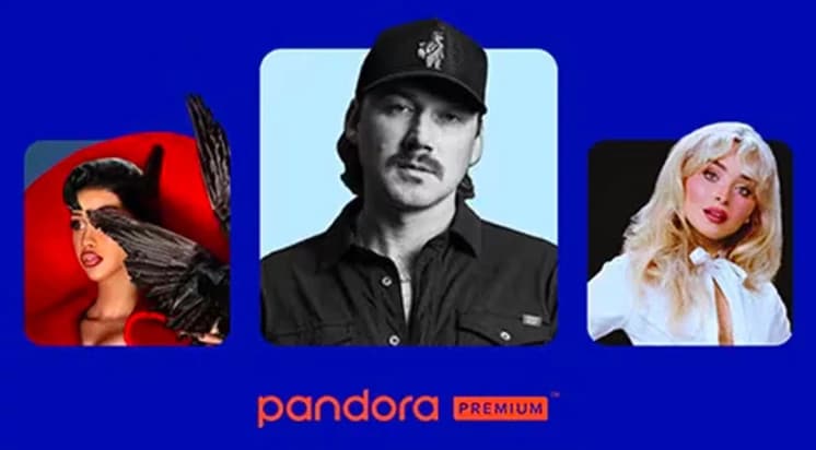 Pandora Premium artwork featuring music artists and Pandora branding.