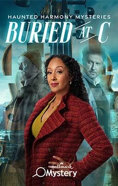 Haunted Mysteries Buried at C poster with a woman in red jacket and eerie glowing light.