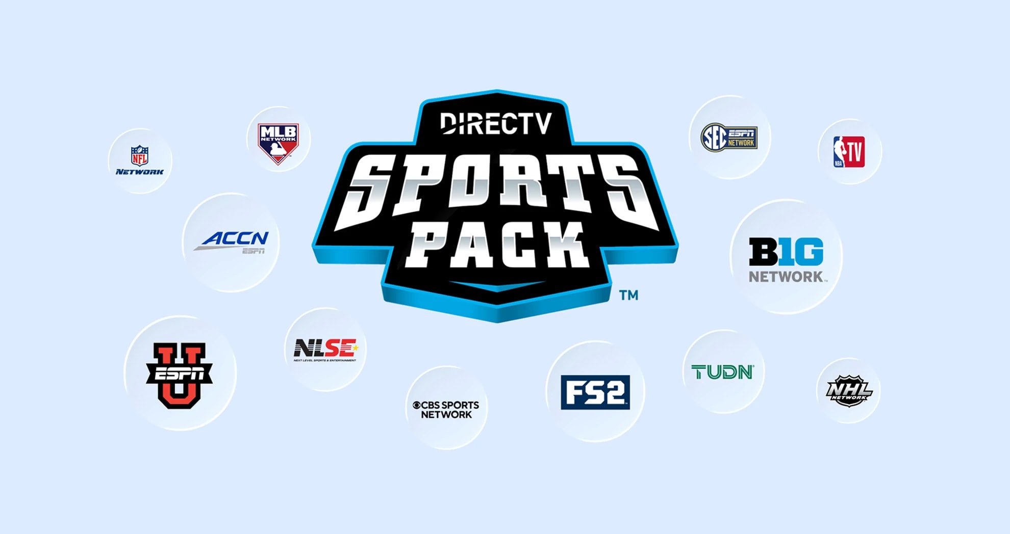 Logos of channels featured in the DIRECTV Sports Pack including FS2, MLB, and NHL.