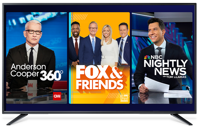 TV screen displaying popular national news programs—CNN’s Anderson Cooper 360°, Fox & Friends, and NBC’s Nightly News with Tom Llamas.