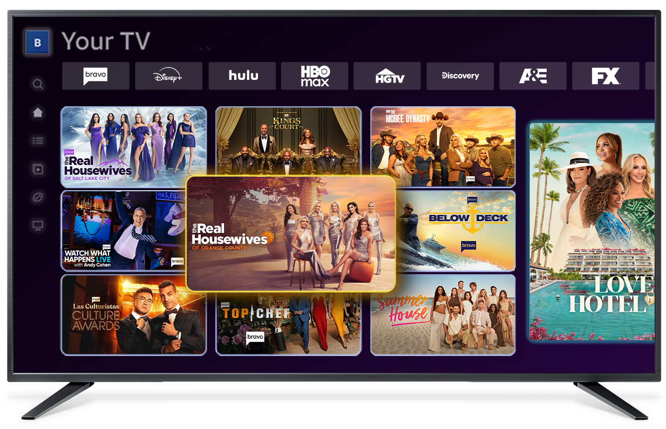 DIRECTV TV interface showing Bravo and streaming apps with featured shows like The Real Housewives, Below Deck, Top Chef, and Summer House.