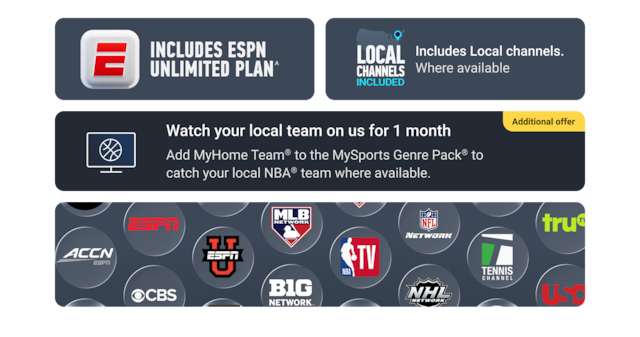 Sports channel logos included in MySports ACC Network, ESPN, NBA TV and the ESPN Unlimited Plan and Local Channels included badges.