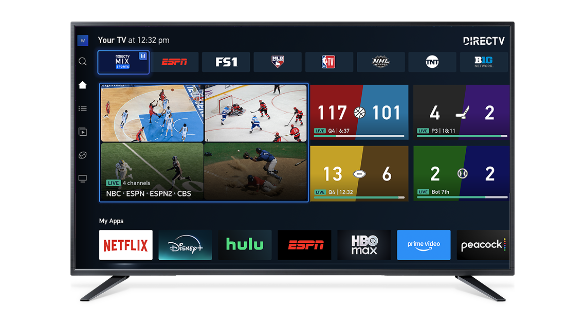 DIRECTV interface showing multiple live sports streams, scores, and apps like Netflix, Disney+, Hulu, and HBO Max.
