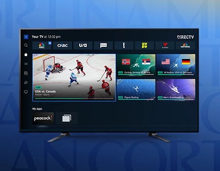 A smart tv is shown displaying the directv app experience playing olympic sports content and scores within tiles on the screen