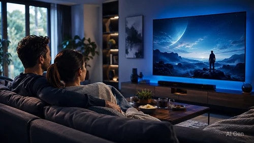 An AI generated scene of a couple watching a sci-fi movie on a smart TV, within a home living room.
