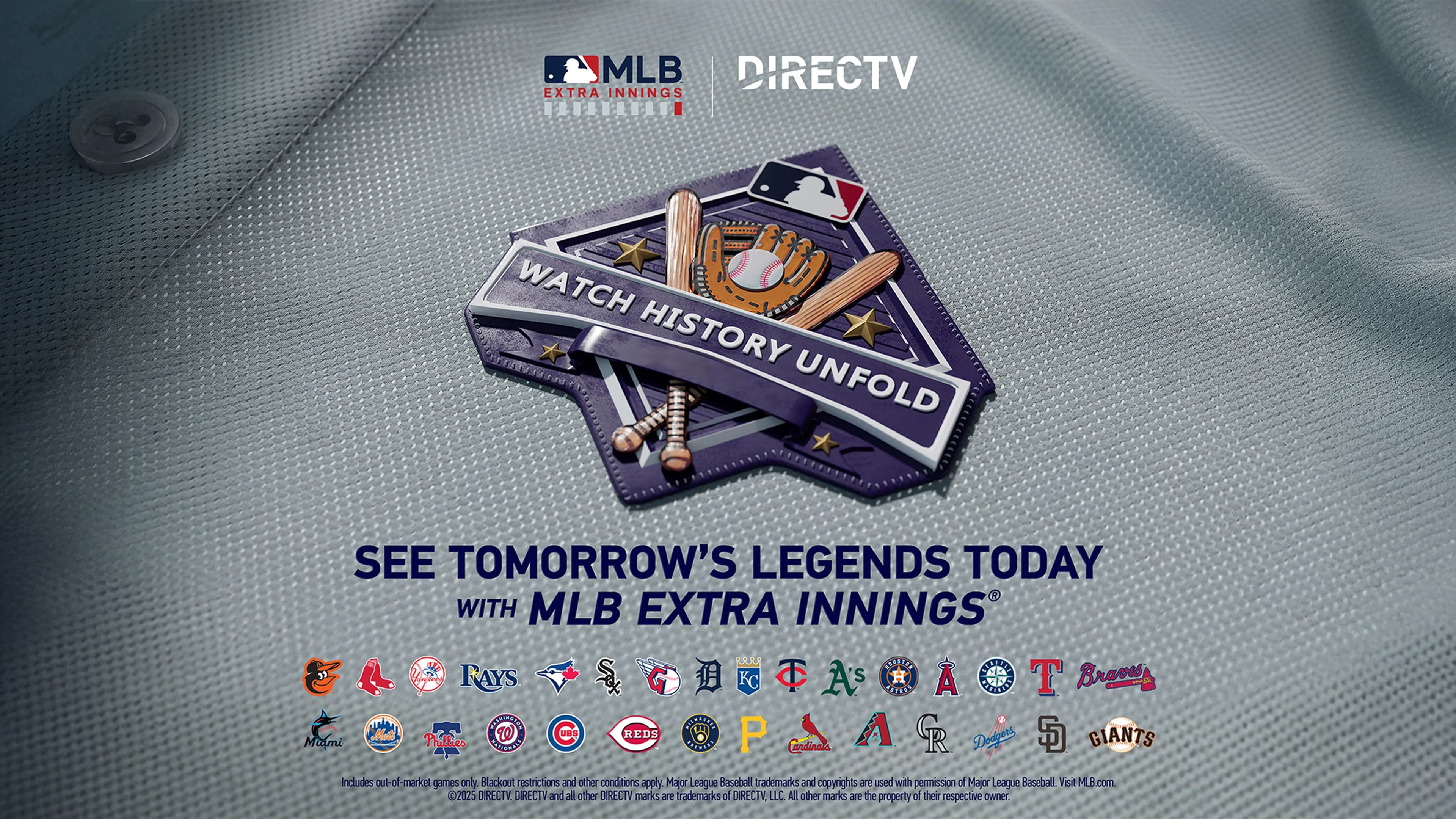 MLB EXTRA INNINGS on DIRECTV FOR BUSINESS. Batter up! Mid-season pricing now available. See tomorrow's legends today with MLB EXTRA INNINGS. MLB logos.