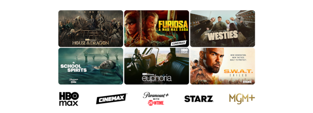 Movies on premium channels such as HBOMax, Cinemax, Paramount plus with Showtime, Starz and MGM plus.