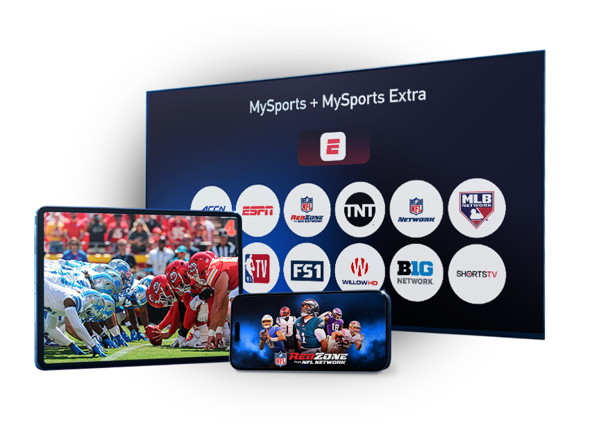 A TV screen shows the my sports plus my sports extra genre pack combo name with a preview of the ESPN Unlimited app logo and various sports channels that are included in the package. A tablet and phone device are also shown with football imagery and the nfl redzone logo. 