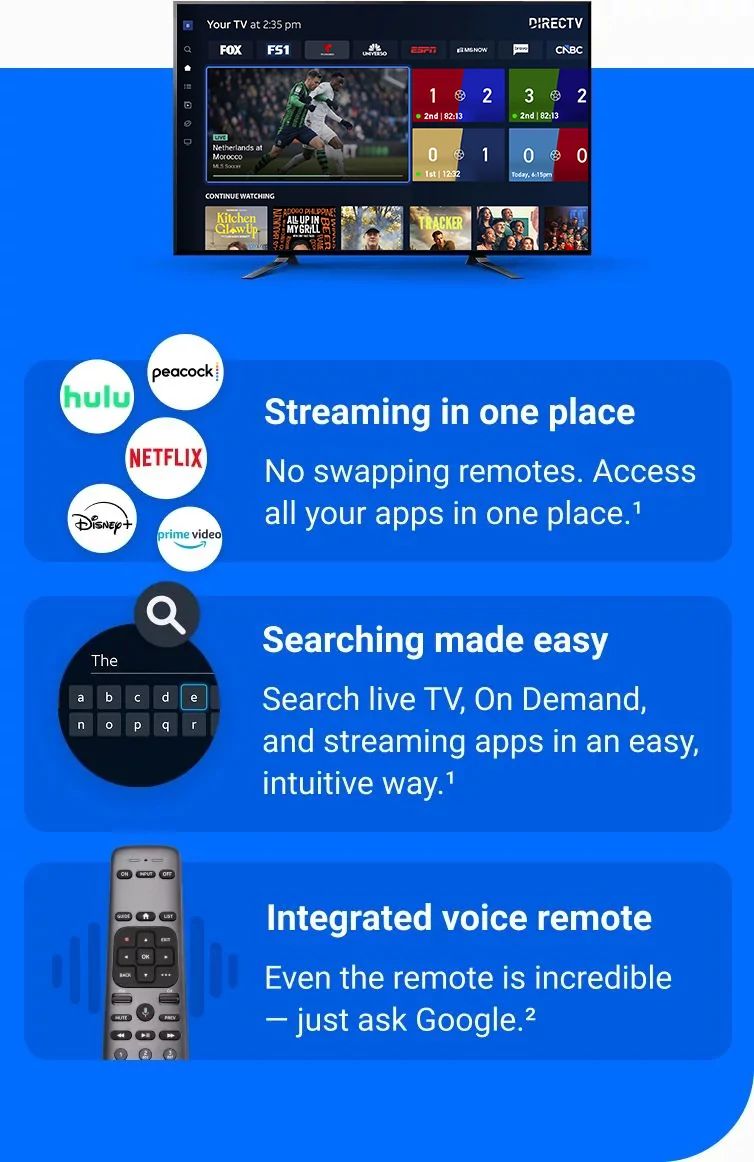 TV screen showing the DIRECTV interface with live TV channels, streaming apps like Netflix, HBO Max, and feature callouts for search and voice remote.
