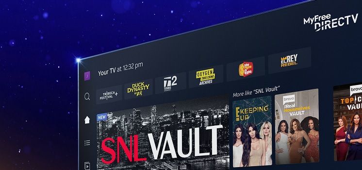TV screen showing the DIRECTV interface with featured channels like SNL Vault, Keeping Up With the Kardashians, and more from the MyFree DIRECTV lineup.