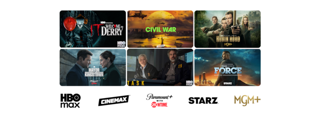 Collage of premium entertainment titles including Peacemaker, Barbie, Better Man, Dexter: New Blood, House of the Dragon, and Outlander: Blood of My Blood from HBO Max, Cinemax, Showtime, Starz, and MGM+.