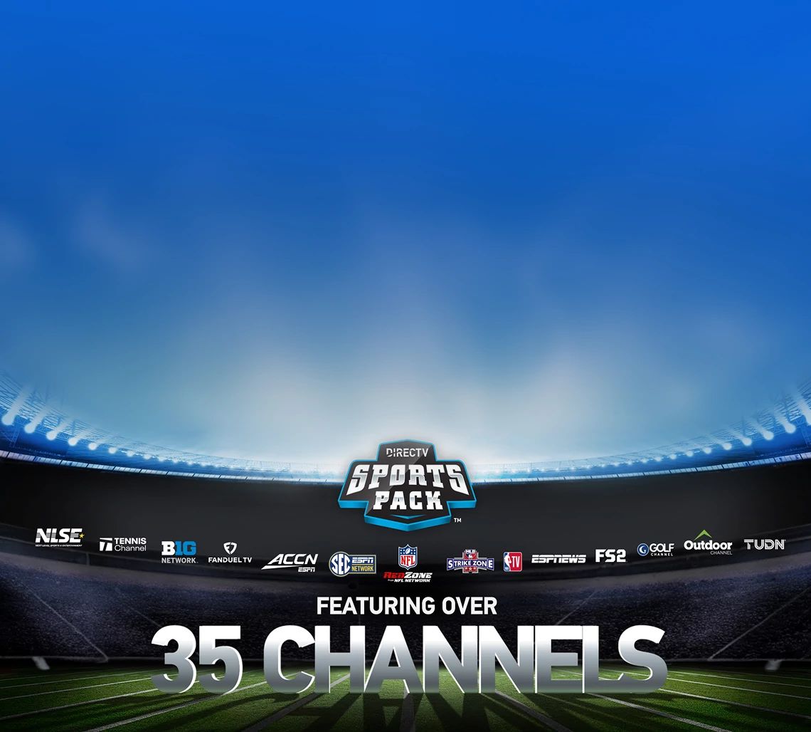 The DIRECTV Sports Pack logo is shown accompanied by a select variety of over 35 available sports channel logos. These logos are shown inside a football stadium atmosphere.