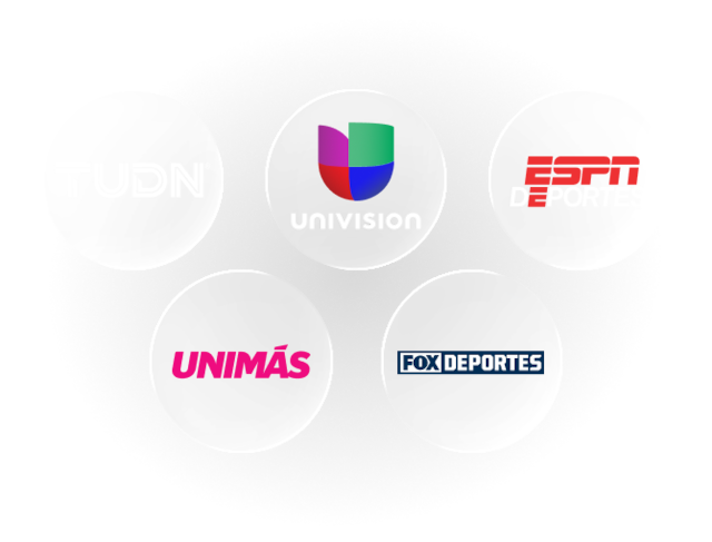 MySports, TUDN, UniMás, FOX Deportes and ESPN Deportes logos over a blurred stadium background.
