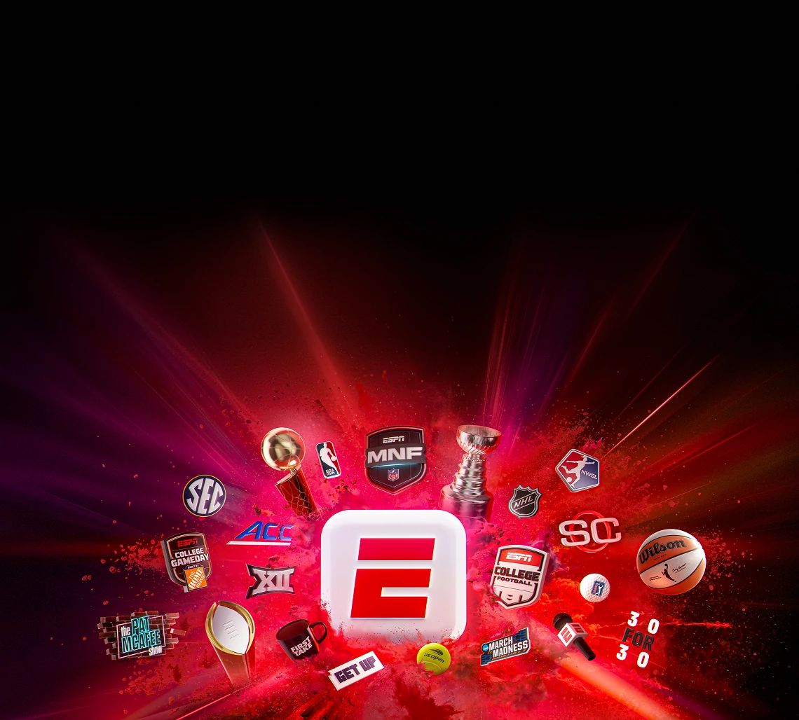 The ESPN Unlimited Plan logo is surrounded by an explosive red backdrop accompanied by a variety of specialty sports channels available with the plan.