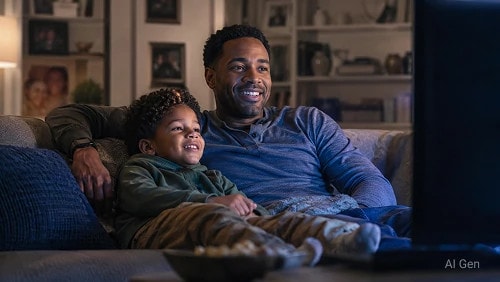 An AI generated scene of a father and son watching TV together on a couch in a home living room.