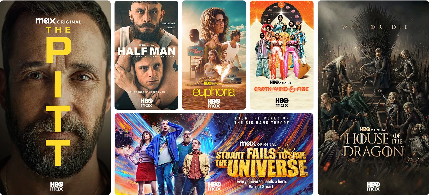 HBO Max exclusive titles The Pitt, Half Man, Euphoria, Earth Wind & Fire, Stuart Fails to Save the Universe, and House of the Dragon