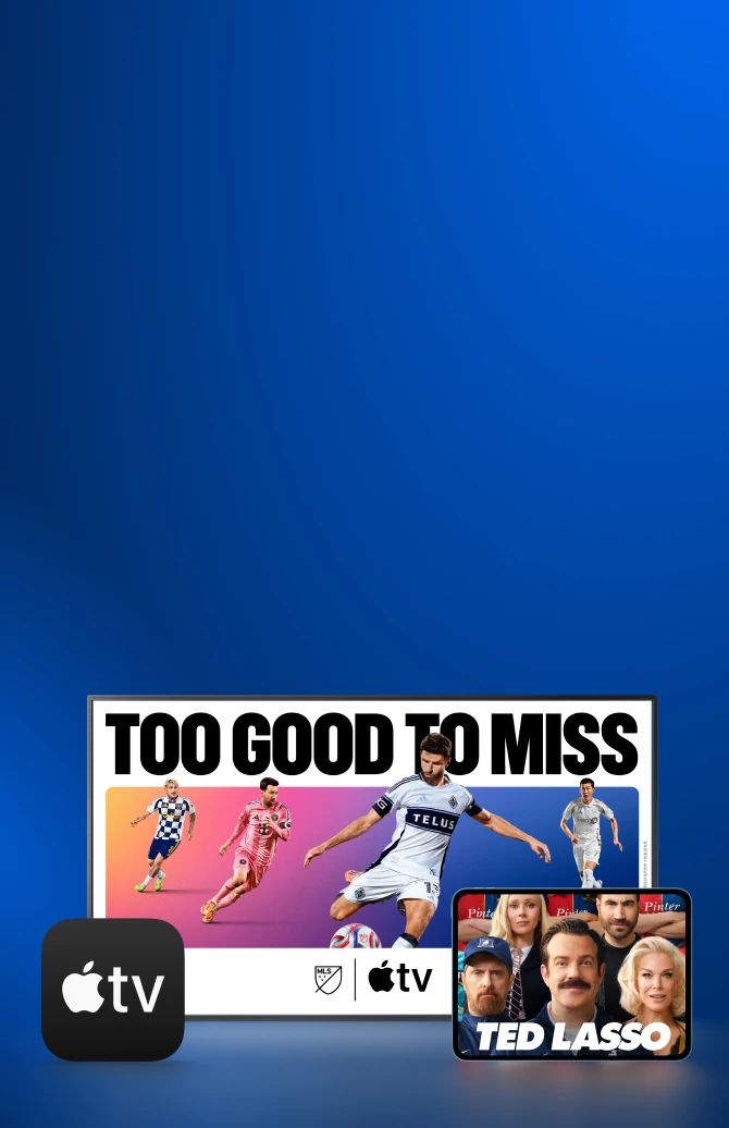 Apple TV offer featuring Apple TV app icon and program artwork for Your Friends & Neighbors and Ted Lasso.