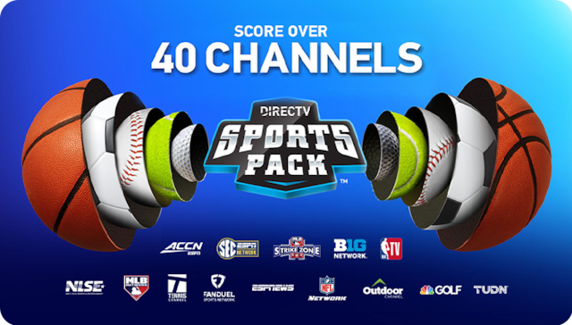 DIRECTV Sports Pack promotional banner featuring sports balls and channel logos including NBA TV, MLB Network, NFL Network, SEC Network, NFL RedZone, and more.