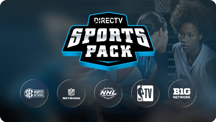 DIRECTV Sports Pack logo above circular icons for networks including NFL RedZone, NFL Network, MLB Network, ESPN News, NHL Network, and SEC Network.