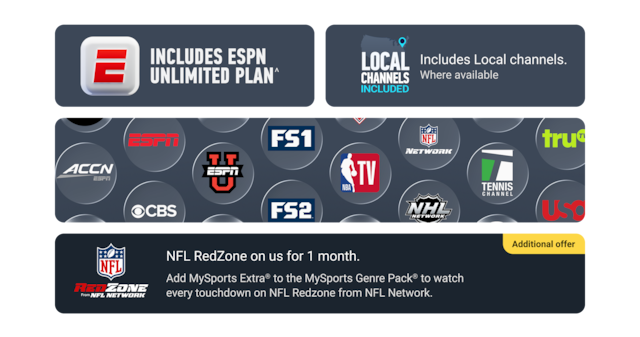 Grid of sports channel logos including ACC Network, ESPN, FS1, FS2, and NFL Network and the ESPN Unlimited and Local Channels included badges.