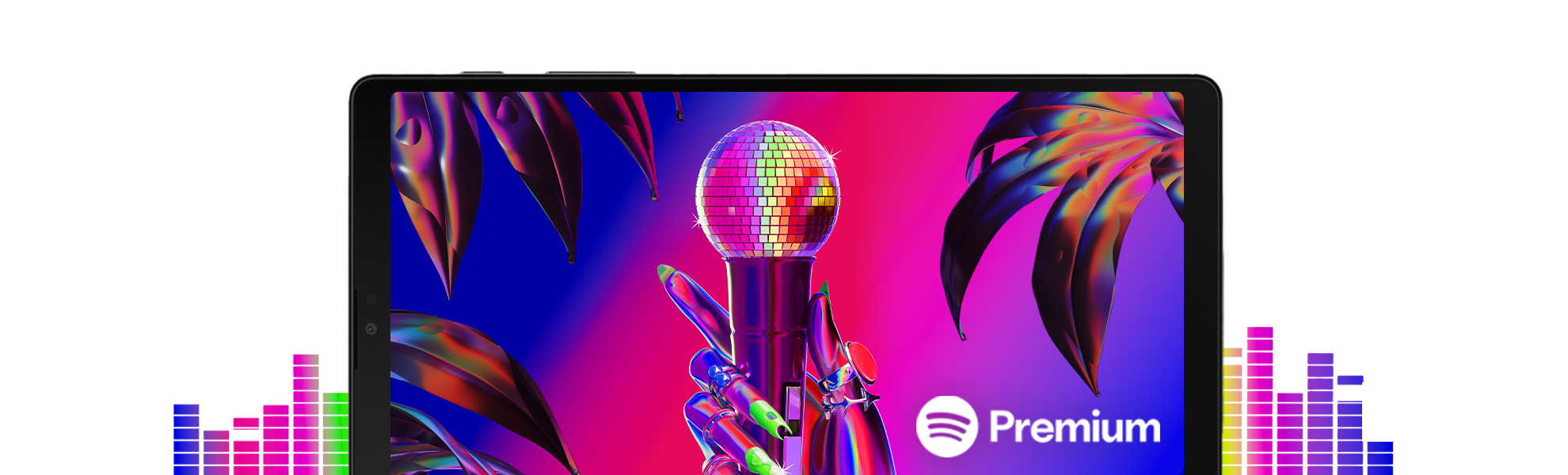 A tablet device shows a rainbow colored scene with a hand holding a shiny disco ball microphone in front of tropical plants with the spotify premium logo in the corner
