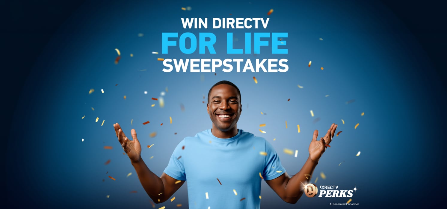 Smiling person celebrating with confetti beneath the words "WIN DIRECTV FOR LIFE SWEEPSTAKES.”