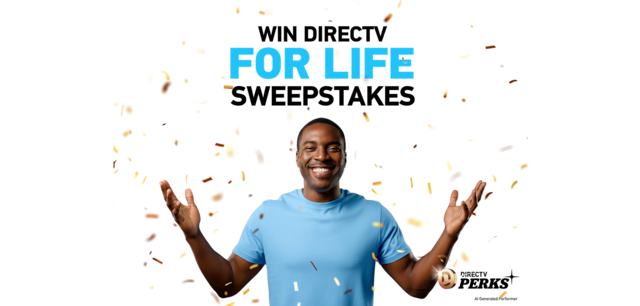 Smiling person celebrating with confetti beneath the words "WIN DIRECTV FOR LIFE SWEEPSTAKES.”