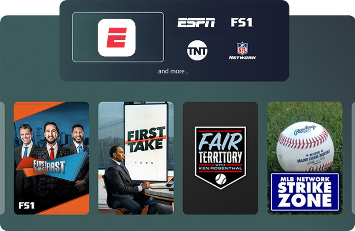 MySports showing channels and titles like ESPN+, FS1, TNT.