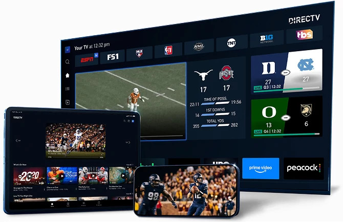 A smart TV, tablet, and smartphone are stacked in front of each other each showing the DIRECTV app experience displaying available football sports content and featured games. 
