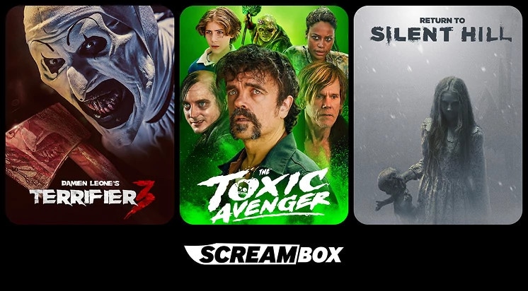 Screambox promotional artwork featuring Terrifier 3, The Toxic Avenger, Return to Silent Hill, and Screambox branding.