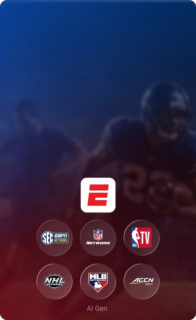An action-packed, red and blue AI generated image of a soccer player, football player, baseball player and tennis player is shown behind the ESPN Unlimited app logo, accompanied by several sports channel logos offered in the ESPN unlimited plan like SEC network, NFL Network, NBA TV, NHL Network, MLB Network and ACCN.