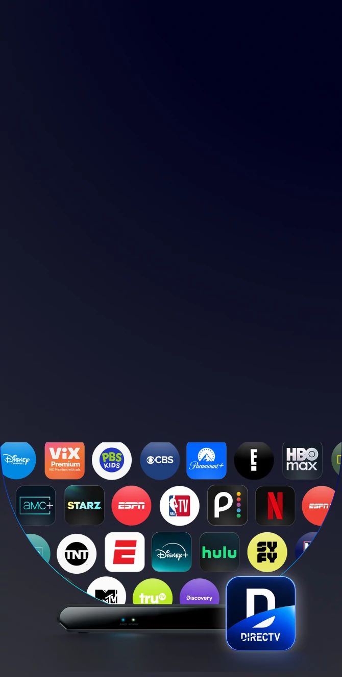 Streaming service and network app icons arranged above a DIRECTV Gemini device with the Apple TV and DIRECTV app icons in front.