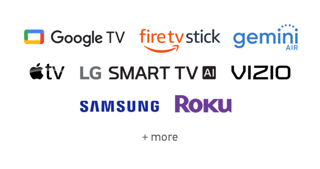 Logos of supported devices and platforms: Chromecast, Fire TV Stick, Gemini Air, Peloton, Roku, and Vizio.