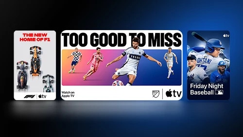 Programming and logos available on Apple TV such as F1, Friday Night Baseball and MLS.