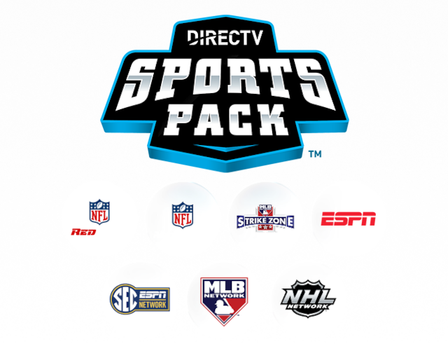 DIRECTV Sports Pack logo with floating sports network icons including NFL Network, SEC Network, MLB Network and NHL Network.